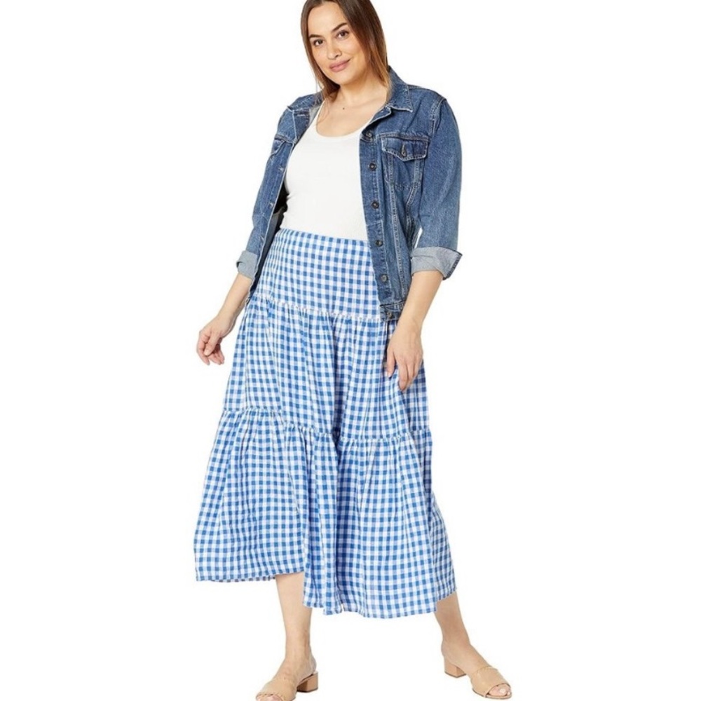 Ralph Lauren Gingham Plaid Tiered Linen Maxi Skirt Womens Blue White Linen - Picture 3 of 8